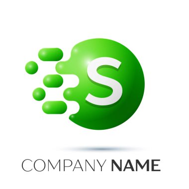 S harfi sıçrama logosunu görmeniz gerekir. Yeşil noktalar ve daire kabarcık mektup tasarım gri arka plan üzerinde. Vektör çizim