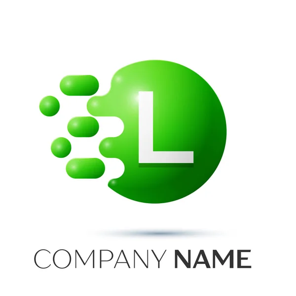 L Buchstabenspritzer Logo. grüne Punkte und Kreis Bubble Letter Design auf grauem Hintergrund. Vektorillustration — Stockvektor