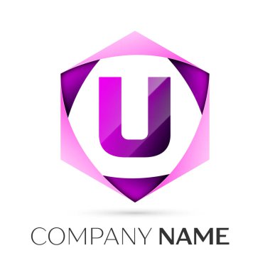 U harfi vektör logo simge renkli gri arka plan üzerine altıgen. Tasarımınız için vektör şablonu