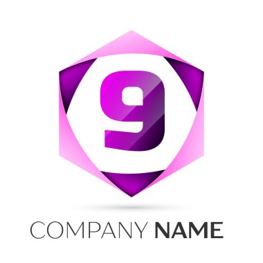 Dokuz numaralı vektör logo simge renkli gri arka plan üzerine altıgen. Tasarımınız için vektör şablonu