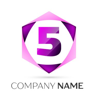 Beş numaralı vektör logo simge renkli gri arka plan üzerine altıgen. Tasarımınız için vektör şablonu