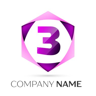 Üç numaralı vektör logo simge renkli gri arka plan üzerine altıgen. Tasarımınız için vektör şablonu