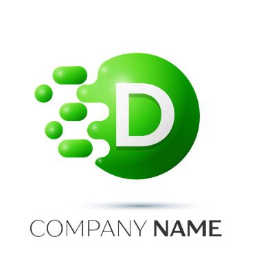 D harfi sıçrama logosunu görmeniz gerekir. Yeşil noktalar ve daire kabarcık mektup tasarım gri arka plan üzerinde. Vektör çizim