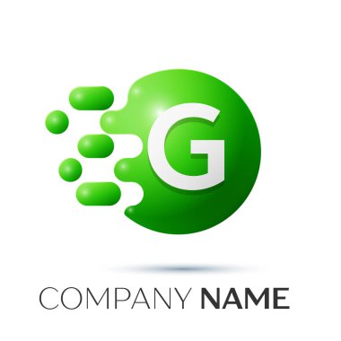 G harfi sıçrama logosunu görmeniz gerekir. Yeşil noktalar ve daire kabarcık mektup tasarım gri arka plan üzerinde. Vektör çizim