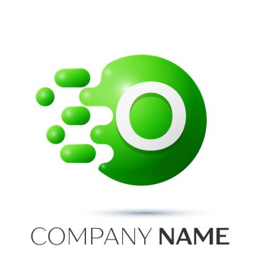 O mektup sıçrama logosunu görmeniz gerekir. Yeşil noktalar ve daire kabarcık mektup tasarım gri arka plan üzerinde. Vektör çizim