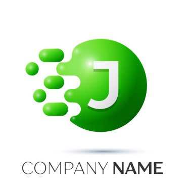 J harfi sıçrama logosunu görmeniz gerekir. Yeşil noktalar ve daire kabarcık mektup tasarım gri arka plan üzerinde. Vektör çizim