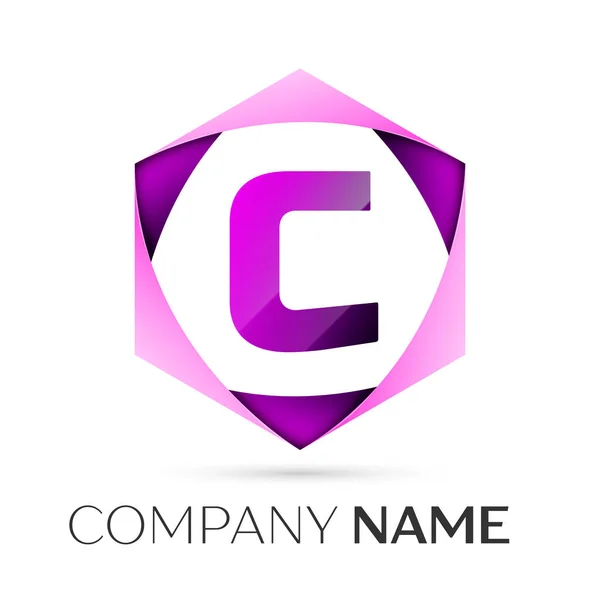 Letter C vector logo symbol in the colorful hexagonal on grey background. Vector template for your design — Stock Vector