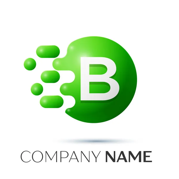 B logotipo carta respingo. Pontos verdes e círculo bolha letra design no fundo cinza. Ilustração vetorial —  Vetores de Stock