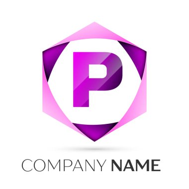 P harfi vektör logo simge renkli gri arka plan üzerine altıgen. Tasarımınız için vektör şablonu