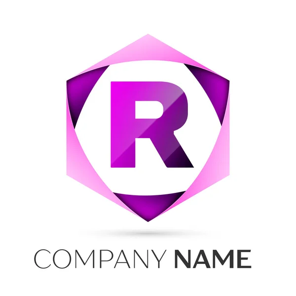 Letter R vector logo symbol in the colorful hexagonal on grey background. Vector template for your design — Stock Vector