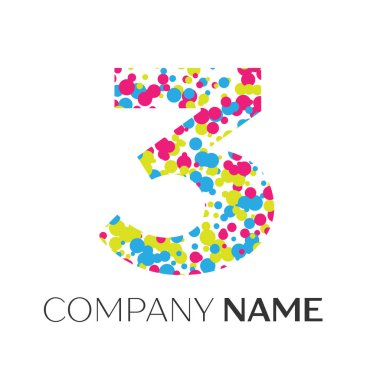 Üç numaralı logolu beyaz zemin üzerine mavi, sarı, kırmızı parçacıklar ve kabarcıklar noktalar. Tasarımınız için vektör şablonu