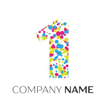 Mavi, sarı, kırmızı parçacıklar ve kabarcıklar noktalar beyaz arka plan üzerinde bir numara logolu. Tasarımınız için vektör şablonu