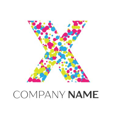 Mavi, sarı, kırmızı parçacıklar ve kabarcıklar noktalar beyaz arka plan ile mektup X logo. Tasarımınız için vektör şablonu