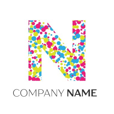 N harfi logolu beyaz zemin üzerine mavi, sarı, kırmızı parçacıklar ve kabarcıklar noktalar. Tasarımınız için vektör şablonu