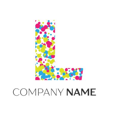 L harfi logolu beyaz zemin üzerine mavi, sarı, kırmızı parçacıklar ve kabarcıklar noktalar. Tasarımınız için vektör şablonu