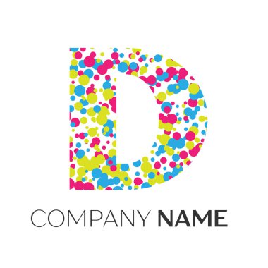 D harfi logolu beyaz zemin üzerine mavi, sarı, kırmızı parçacıklar ve kabarcıklar noktalar. Tasarımınız için vektör şablonu