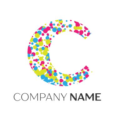 Mavi, sarı, kırmızı parçacıklar ve kabarcıklar noktalar beyaz arka plan ile harf C logo. Tasarımınız için vektör şablonu
