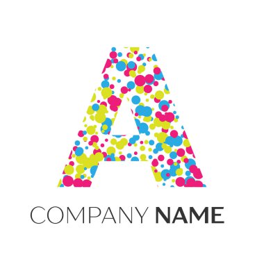 Mavi, sarı, kırmızı parçacıklar ve kabarcıklar noktalar beyaz arka plan ile harf A logo. Tasarımınız için vektör şablonu