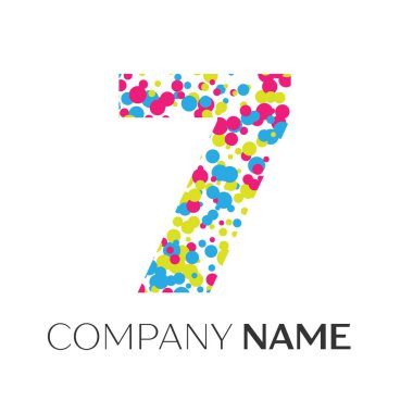 Yedi numara logolu beyaz zemin üzerine mavi, sarı, kırmızı parçacıklar ve kabarcıklar noktalar. Tasarımınız için vektör şablonu