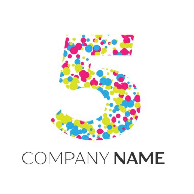 Beş numaralı logolu beyaz zemin üzerine mavi, sarı, kırmızı parçacıklar ve kabarcıklar noktalar. Tasarımınız için vektör şablonu