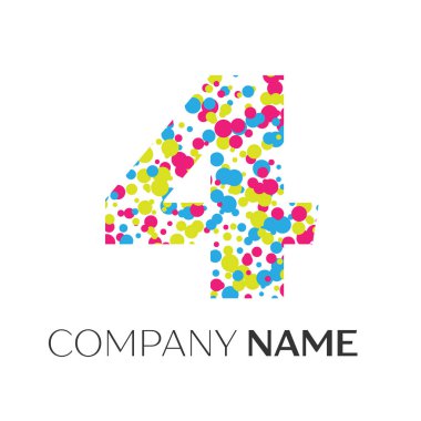 Dört numaralı logolu beyaz zemin üzerine mavi, sarı, kırmızı parçacıklar ve kabarcıklar noktalar. Tasarımınız için vektör şablonu