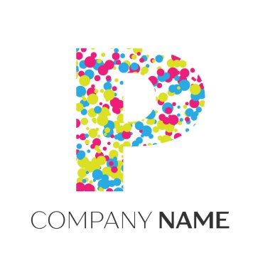 P harfi logolu beyaz zemin üzerine mavi, sarı, kırmızı parçacıklar ve kabarcıklar noktalar. Tasarımınız için vektör şablonu