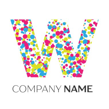 Mavi, sarı, kırmızı parçacıklar ve kabarcıklar noktalar beyaz arka plan ile harf W logo. Tasarımınız için vektör şablonu