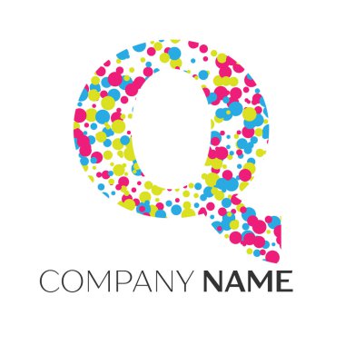 Mavi, sarı, kırmızı parçacıklar ve kabarcıklar noktalar beyaz arka plan ile harf Q logo. Tasarımınız için vektör şablonu