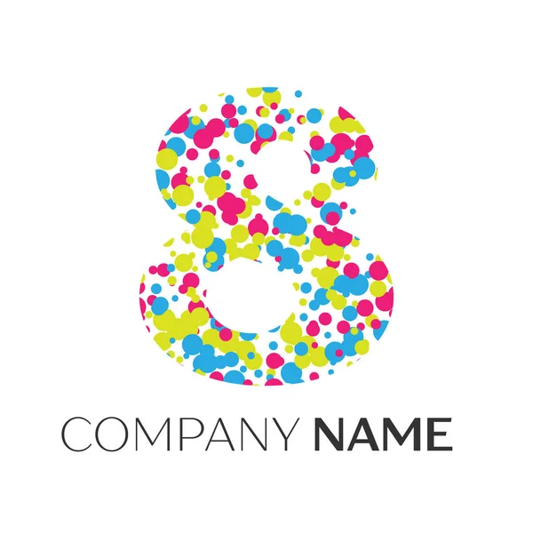Number eight logo with blue, yellow, red particles and bubbles dots on white background. Vector template for your design — Stock Vector