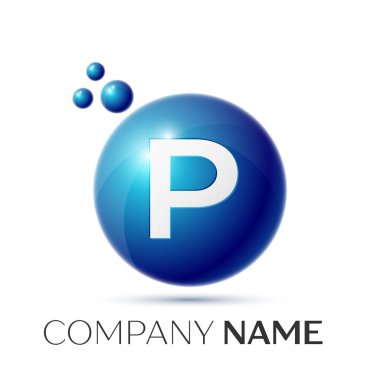 P harfi sıçrama logosunu görmeniz gerekir. Mavi noktalar ve daire kabarcık mektup tasarım gri arka plan üzerinde. Vektör çizim