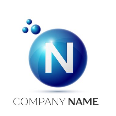 N harfi sıçrama logosunu görmeniz gerekir. Mavi noktalar ve daire kabarcık mektup tasarım gri arka plan üzerinde. Vektör çizim
