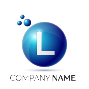 L harfi sıçrama logosunu görmeniz gerekir. Mavi noktalar ve daire kabarcık mektup tasarım gri arka plan üzerinde. Vektör çizim