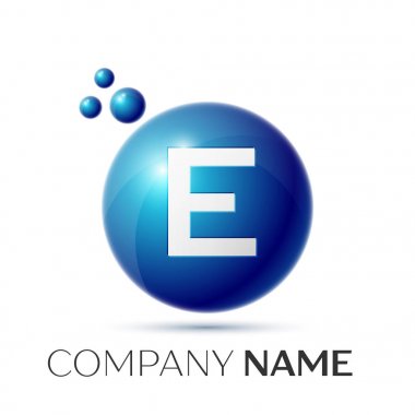 E mektup sıçrama logosunu görmeniz gerekir. Mavi noktalar ve daire kabarcık mektup tasarım gri arka plan üzerinde. Vektör çizim