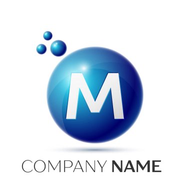 M harfi sıçrama logosunu görmeniz gerekir. Mavi noktalar ve daire kabarcık mektup tasarım gri arka plan üzerinde. Vektör çizim