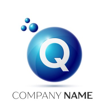 Q harfi sıçrama logosunu görmeniz gerekir. Mavi noktalar ve daire kabarcık mektup tasarım gri arka plan üzerinde. Vektör çizim