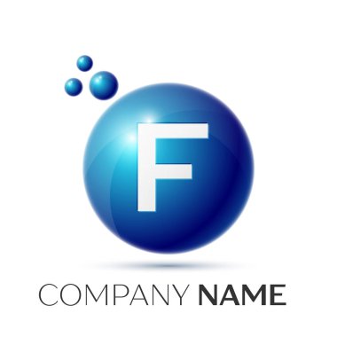 F harfi sıçrama logosunu görmeniz gerekir. Mavi noktalar ve daire kabarcık mektup tasarım gri arka plan üzerinde. Vektör çizim