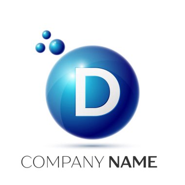 D harfi sıçrama logosunu görmeniz gerekir. Mavi noktalar ve daire kabarcık mektup tasarım gri arka plan üzerinde. Vektör çizim