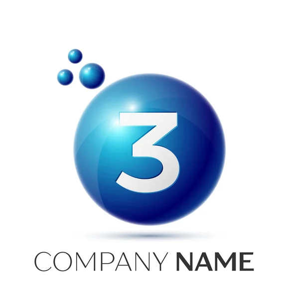 Logo numero tre. Puntini blu e bolle disegno numero su sfondo grigio. Illustrazione vettoriale — Vettoriale Stock