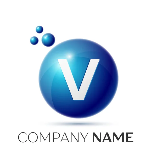 V Letter splash logo. Blue dots and circle bubble letter design on grey background. Vector Illustration — Stock Vector