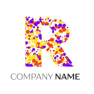Mor, sarı, kırmızı parçacıklar ve kabarcıklar noktalar beyaz arka plan ile harf R logo. Tasarımınız için vektör şablonu
