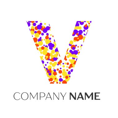 Mor, sarı, kırmızı parçacıklar ve kabarcıklar noktalar beyaz arka plan ile harf V logo. Tasarımınız için vektör şablonu