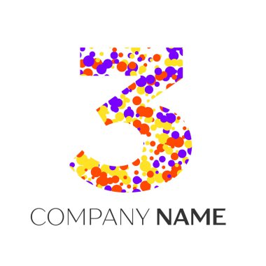 Mor, sarı, kırmızı parçacıklar ve kabarcıklar nokta üç logolu beyaz arka plan üzerinde numara. Tasarımınız için vektör şablonu