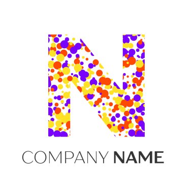 Mor, sarı, kırmızı parçacıklar ve kabarcıklar noktalar beyaz arka plan ile harf N logo. Tasarımınız için vektör şablonu