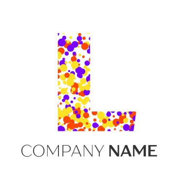 Mor, sarı, kırmızı parçacıklar ve kabarcıklar noktalar beyaz arka plan ile harf L logo. Tasarımınız için vektör şablonu