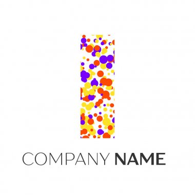 Harf ı logo noktalı mor, sarı, kırmızı parçacıklar ve kabarcıklar beyaz arka plan üzerinde. Tasarımınız için vektör şablonu