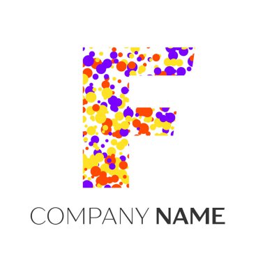 Mor, sarı, kırmızı parçacıklar ve kabarcıklar noktalar beyaz arka plan ile F harfi logo. Tasarımınız için vektör şablonu