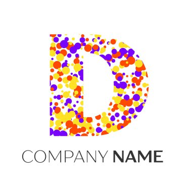 D harfi logo noktalı mor, sarı, kırmızı parçacıklar ve kabarcıklar beyaz arka plan üzerinde. Tasarımınız için vektör şablonu