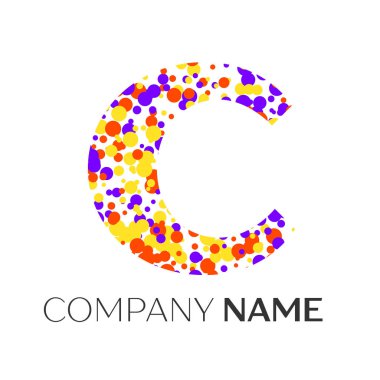 Mor, sarı, kırmızı parçacıklar ve kabarcıklar noktalar beyaz arka plan ile harf C logo. Tasarımınız için vektör şablonu