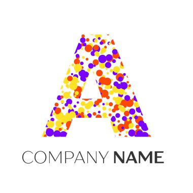 Mor, sarı, kırmızı parçacıklar ve kabarcıklar noktalar beyaz arka plan ile harf A logo. Tasarımınız için vektör şablonu