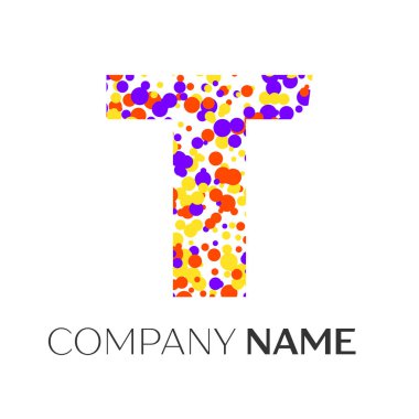 Mor, sarı, kırmızı parçacıklar ve kabarcıklar noktalar beyaz arka plan ile mektup T logo. Tasarımınız için vektör şablonu